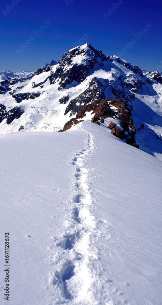 Obraz premium Footprints on a snow-covered mountain pass.