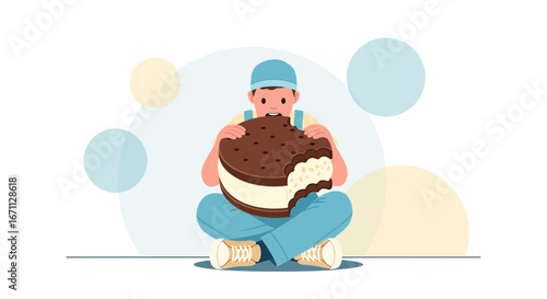 Person Relaxes And Enjoys Enormous Ice Cream Sandwich, Satisfying Craving Delightfully