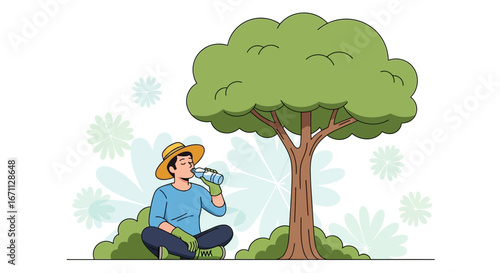 Person Resting Underneath Canopy, Drinking Water, Reaching for Hydration in Nature