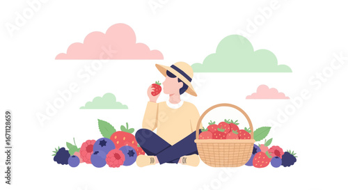 Person Savouring Summer Berries Under a Peaceful Sky Amidst Abundant Harvest Fruits