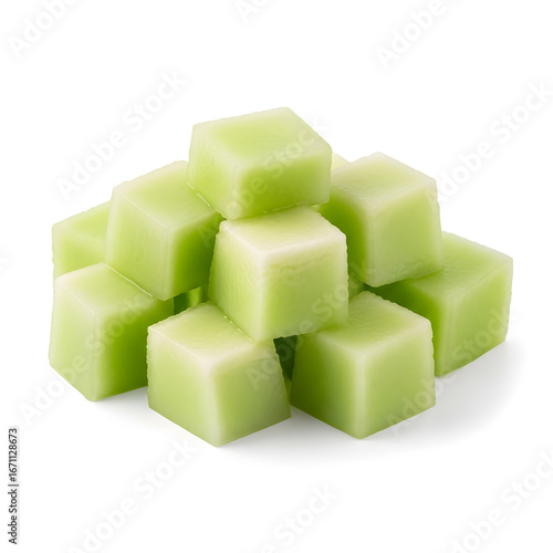 A small pile of light green, cube-shaped candies or wax melts stacked together on a white background.