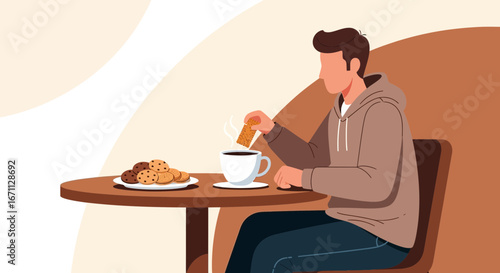 Person Sits And Dips A Biscuit Into Coffee Enjoying A Cozy Relaxing Moment