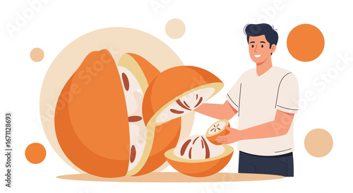 Person Slicing Exotic Orange Fruit: Culinary Art, Healthy Eating, and Freshness Concept