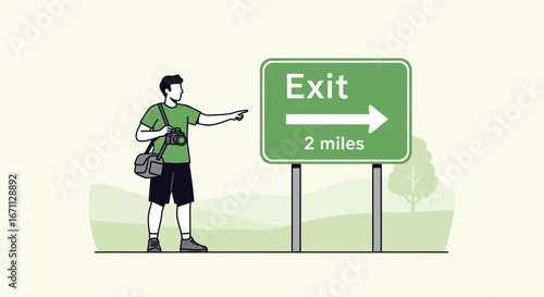Photographer Pointing Towards Exit Sign Indicating Next Destination Two Miles Away
