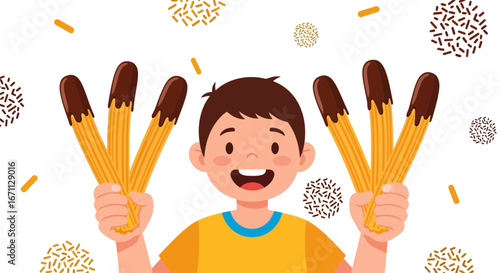 Joyful Youngster Displaying Delicious Churros Dipped In Chocolate For Dessert Fun