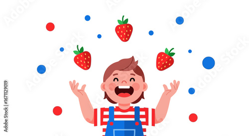 Joyful Youngster Juggling Berries And Bright Dots For Energetic Fun Illustrations