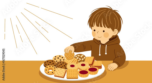 Joyful Youngster Reaching For Delights: A Whimsical Portrayal Of Sweet Treats And Warmth