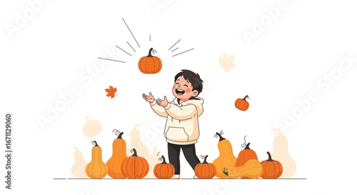 Joyful Youngster Plays With Pumpkins Against A White Background, Autumn Celebration
