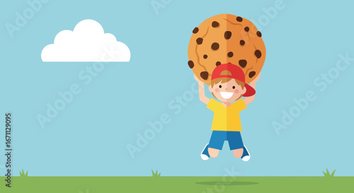 Joyful Youngster Lifts Colossal Cookie Skyward Against a Pristine Blue Horizon