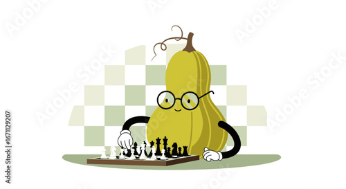 Playful Squash Character Engaged in a Strategic Game of Chess Smiling and Wearing Glasses