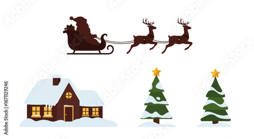 Whimsical holiday illustration portraying Santa's journey over a snow covered house landscape