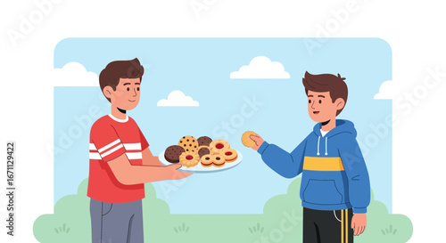 Kindred Offering Sweet Treat Baked Goods To Friend Casual Outdoor Scene With Sky