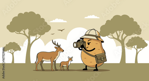 Potato Photographer Captures Wildlife Moment with Whimsical Cartoon Illustration