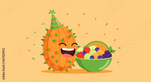 Kiwano Character Celebrates With Festive Fruit Bowl And Confetti, Orange Background