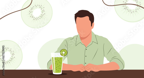Kiwi Smoothie Presentation Depicting Man Enjoying Beverage With Fruit Slices