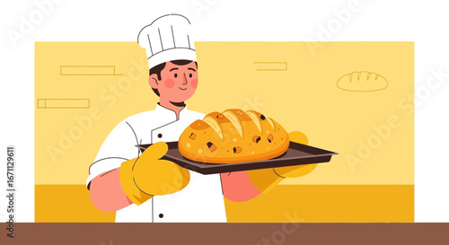 Professional Baker Displays Freshly Baked Bread On Tray, Ready To Serve And Delight Customers