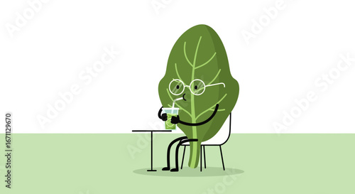 Leaf Character Enjoying Juice At A Table Funny Cartoon Illustration Of Nutrition