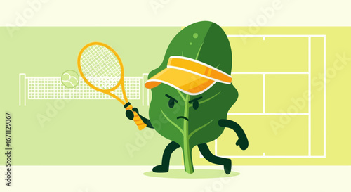 Leafy Champion: Animated Spinach Character Playing Tennis on a Pastel Green Court