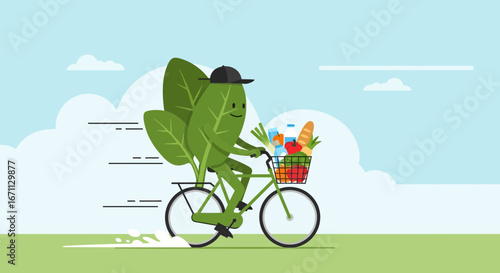 Leafy Character Cycles, Delivering Grocery Goods, Healthy Lifestyle, Cartoon, Illustration