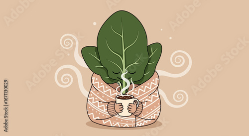 Leafy Character Enjoys Cup Of Coffee While Snuggled In Warm Sweater Illustration