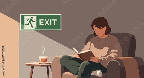 Reading Under An Exit Sign Illustrates Escape And The Comfort Of Knowledge And Relaxation