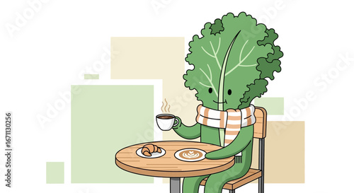Leafy Friend Savoring Coffee and Croissant At A Charming Cafe Table