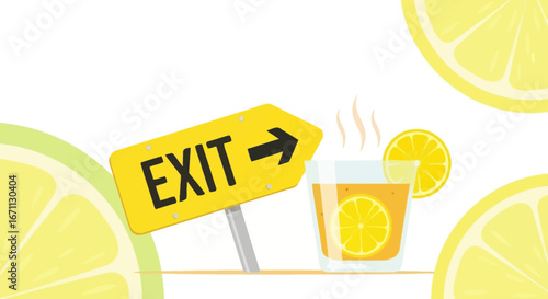 Refreshing Citrus Beverage Illustration with Directional Exit Sign on White Backdrop