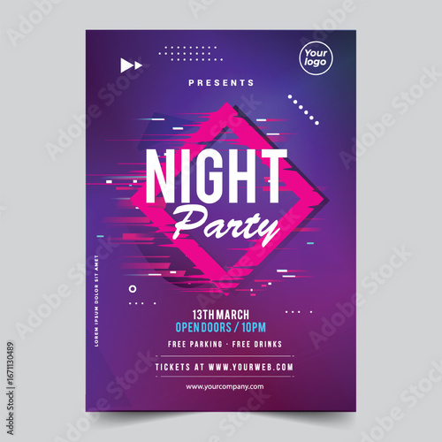 Night dance party music night poster template. Electro style concert disco club party event flyer invitation