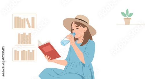 Leisure Activity Depicting A Relaxed Woman Reading And Refreshing Herself With Water