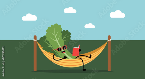 Lettuce in Hammock Reading, Relaxing Under Sunny Sky with Sunglasses and a Book