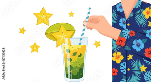 Refreshing Starfruit Juice Delight: A Tropical Illustration of Summer Relaxation
