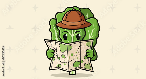 Lettuce Explorer Ready To Discover The Wonders On A Journey With A Map Cartoon