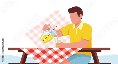 Refreshing Summer Drinks: A Person Serves Lemonade At A Picnic Table Outdoors