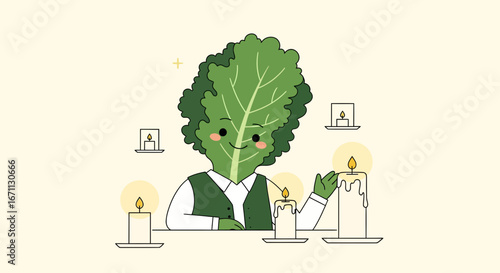 Lettuce Man Lights Candles With Happiness and Joyful Expressions In Illustration