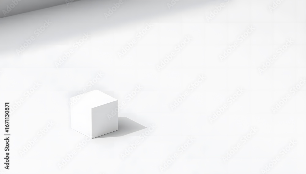 Fototapeta premium Simple white cube isolated on a clean seamless white surface with soft shadows
