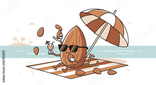 Relaxed Almond Enjoying Summer Vacation, Beachside Relaxation and Refreshments