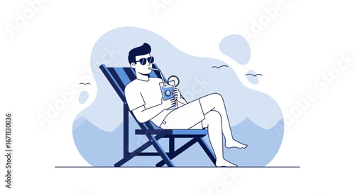 Relaxation Summer Vacation On Beach, Enjoying Iced Drink In Seaside Vacation
