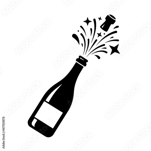 A celebratory champagne bottle popping with a festive cork explosion, a black and white vector icon perfect for parties and success