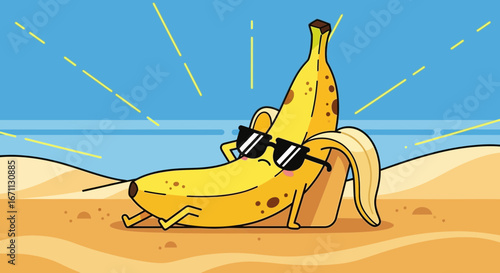 Relaxed Banana At The Beach Enjoying The Sunny Day With Sunglasses On Perfectly