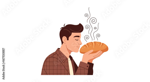 Man Appreciating Freshly Baked Bread Savoring Aroma and Fragrance of Delicious Food