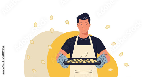 Man Baking Cookies, Freshly Baked Treats, Home Cooking Art Illustration, Modern Design