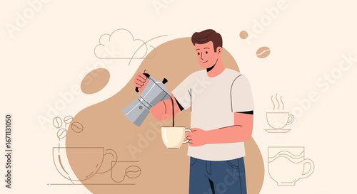 Man Brewing Coffee And Relishing It In The Morning With A Calm And Positive Attitude