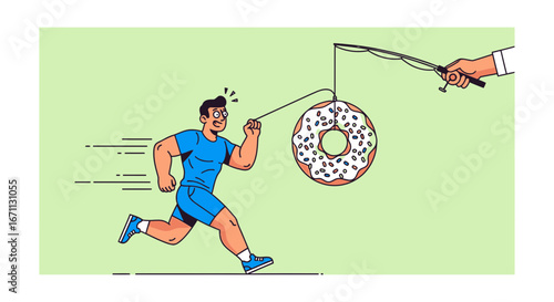 Man Chasing Donut Bait, Metaphor For Desire, Concept Of Unrealistic Goals