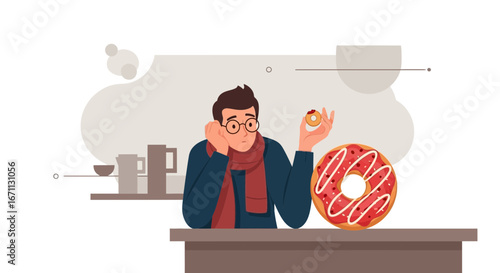 Man Contemplating Deserts, Holding Donut, Thinking about Choices and Decisions Carefully