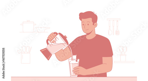 Man Casually Pouring Water Into Glass In A Kitchen Setting Creating A Drink