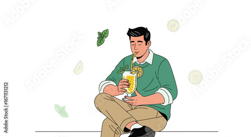 Relaxed Man Enjoys Zesty Drink On A Hot Day With Mint And Lemon Graphic Illustration