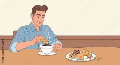 Man Dips A Cracker Into Hot Coffee, Enjoying A Moment Of Restful Indulgence