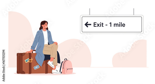 Relaxed Traveler Waiting Near Exit, Resting At The Starting Point Of An Adventure Journey