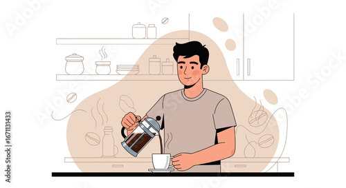 Man Enjoying His Morning Coffee Brewing Coffee in His Kitchen Illustration
