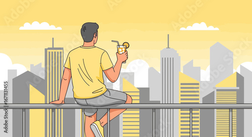 Man Enjoying Refreshing Drink On Balcony With Cityscape As Background